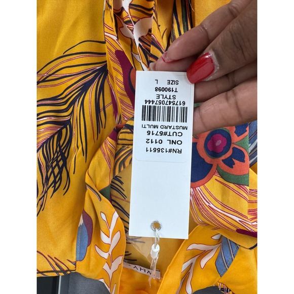 Why Dress Women L Yellow Floral Peacock Feather Bow Neck Mini Party Feminine - Picture 7 of 15